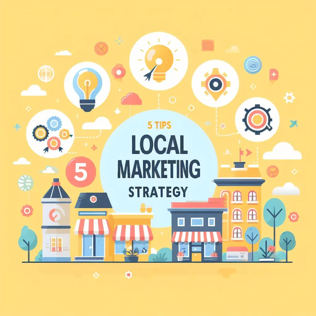 An infographic depicting ‘5 Tips For Local Marketing Strategy’ with a funnel and social media icons on a light yellow background.