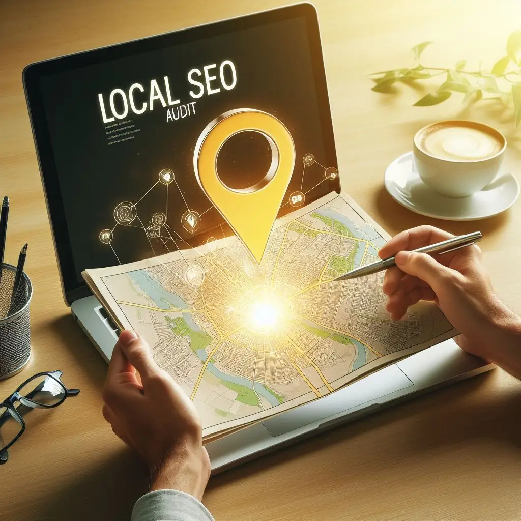 An image in a light yellow colour that shows a pair of hands holding a paper & from a paper map symbols emerge. An open laptop sits on a table, with the words “LOCAL SEO AUDIT” displayed on the screen.