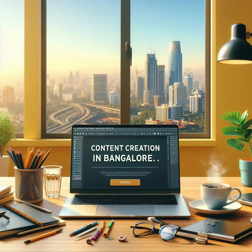 An office room in Bangalore with a view of the city skyline, a laptop open on ‘Content Creation in Bangalore’, and a cup of filter coffee on the table