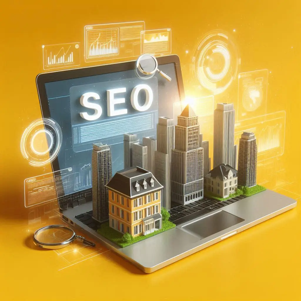 Yellow background with a laptop displaying ‘SEO’ and buildings in the background for real estate marketing.
