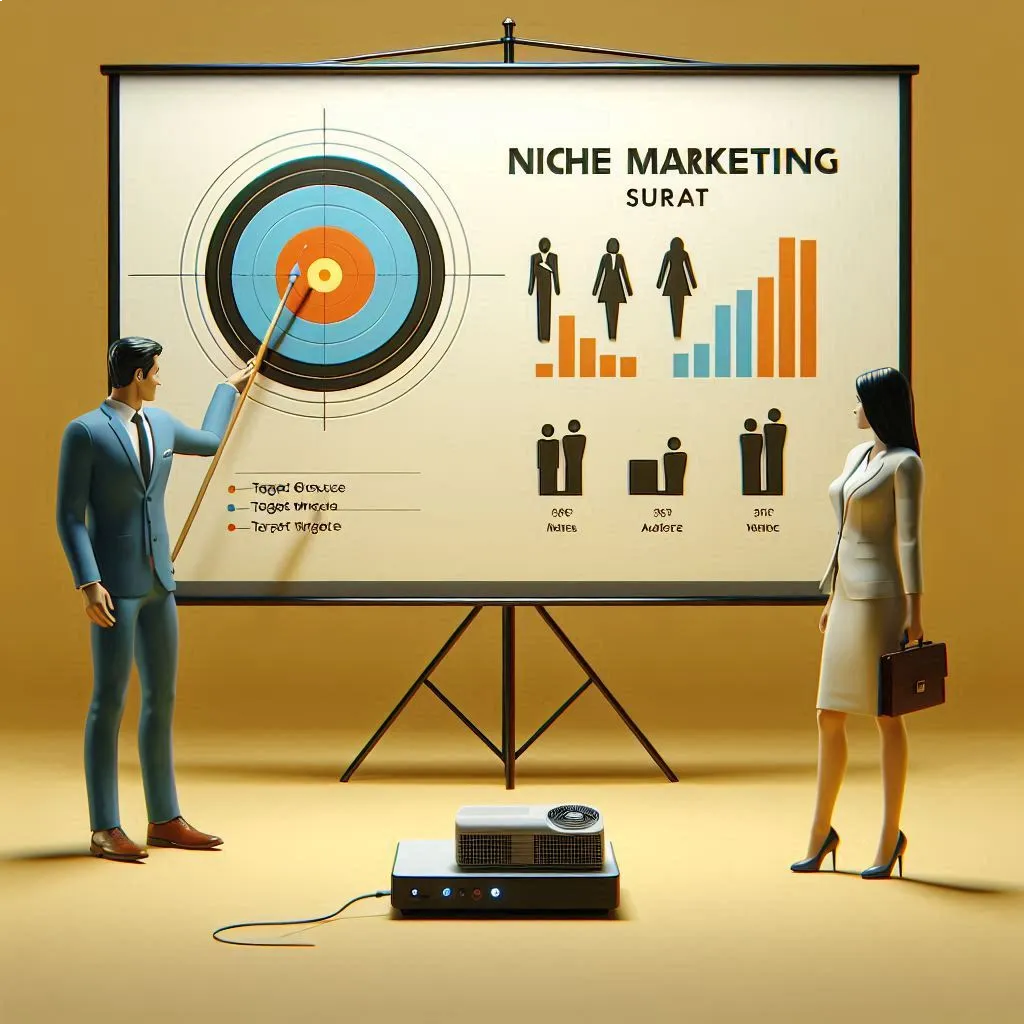 A man and woman in a formal stand near a target board. The man aims to hit the target while a projector displays a graphical representation of a target group and audience. The projector slide reads: ‘Niche Marketing Surat’