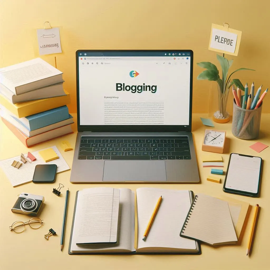 A laptop displaying a Google document titled ‘Blogging’ with a stack of papers, pens, pencils and sticky notes on the side