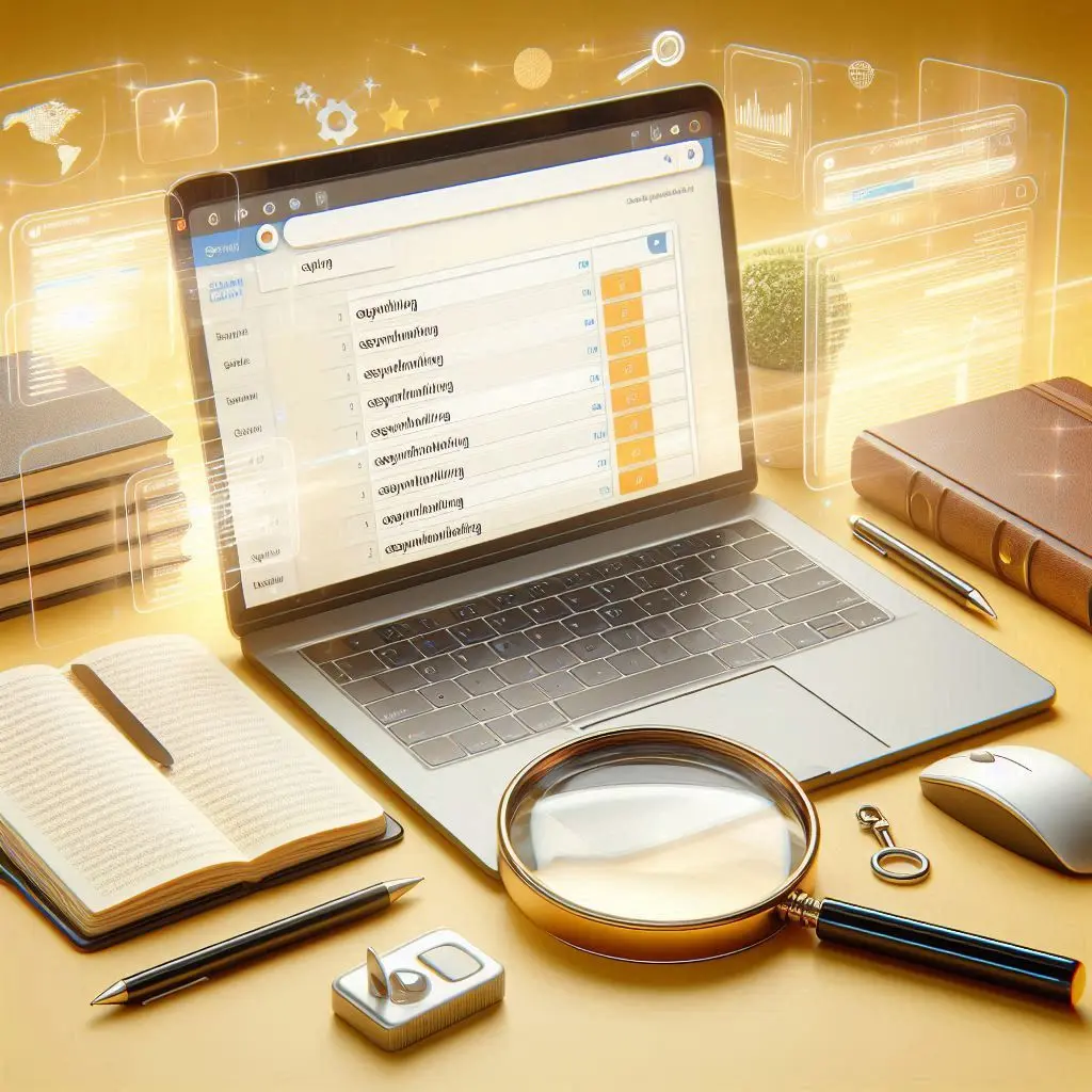 An image depicting SEO tools including laptops, a magnifying glass, a notebook, and keyword ranking analytics on a light yellow background.