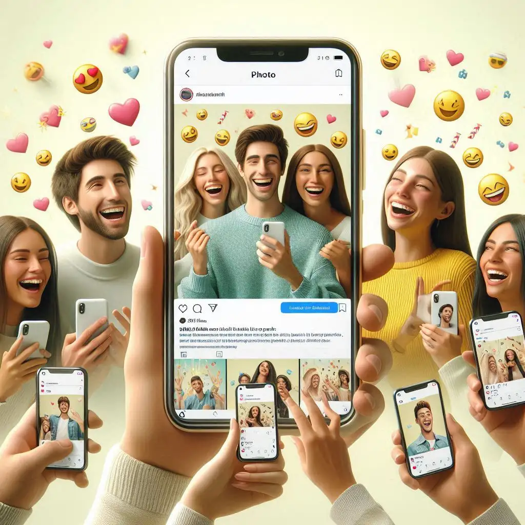 A mobile phone with an Instagram page opened with so many likes and virality. Group of people clicking the Instagram page