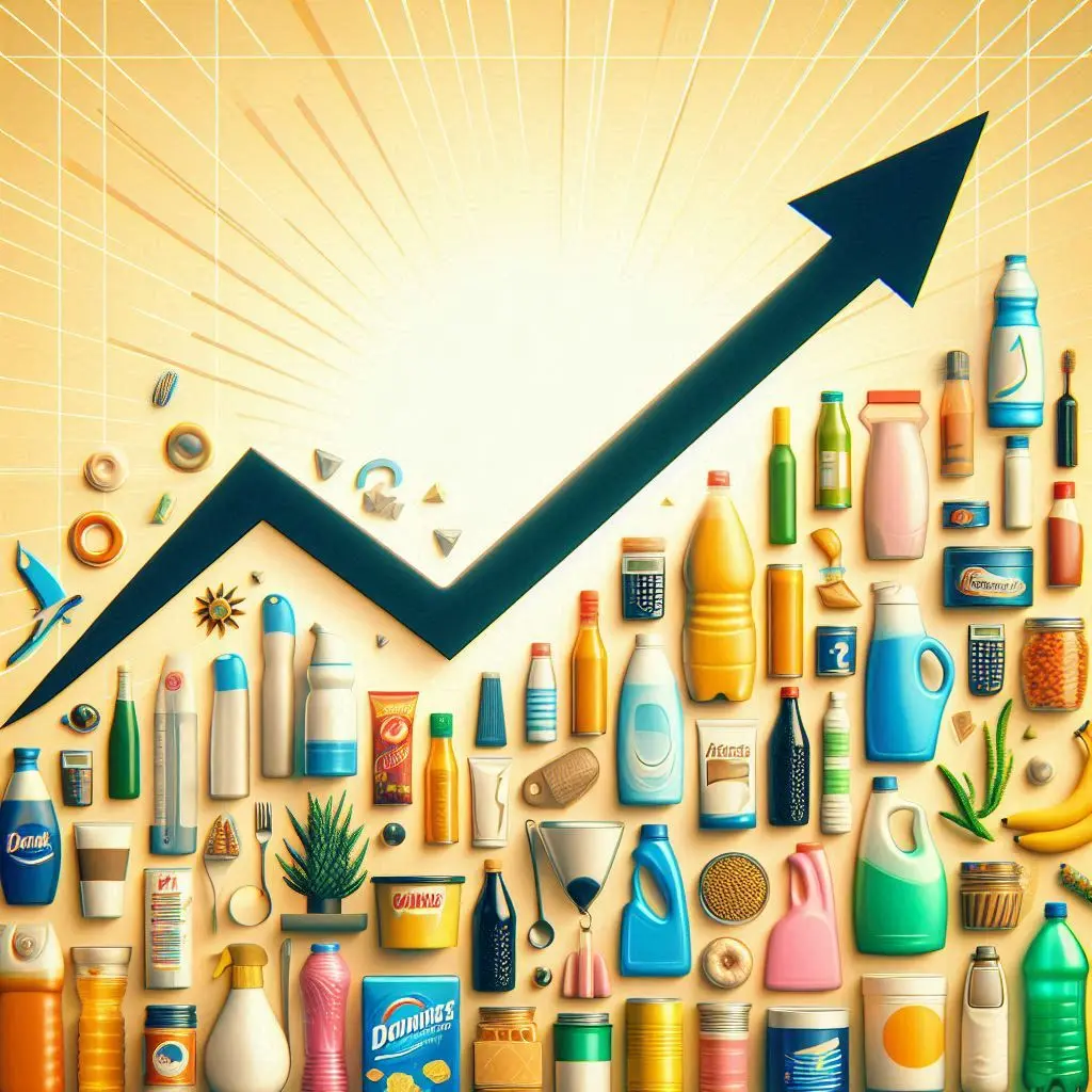 The image shows many household FMCG products around a large upward arrow, symbolising growth.