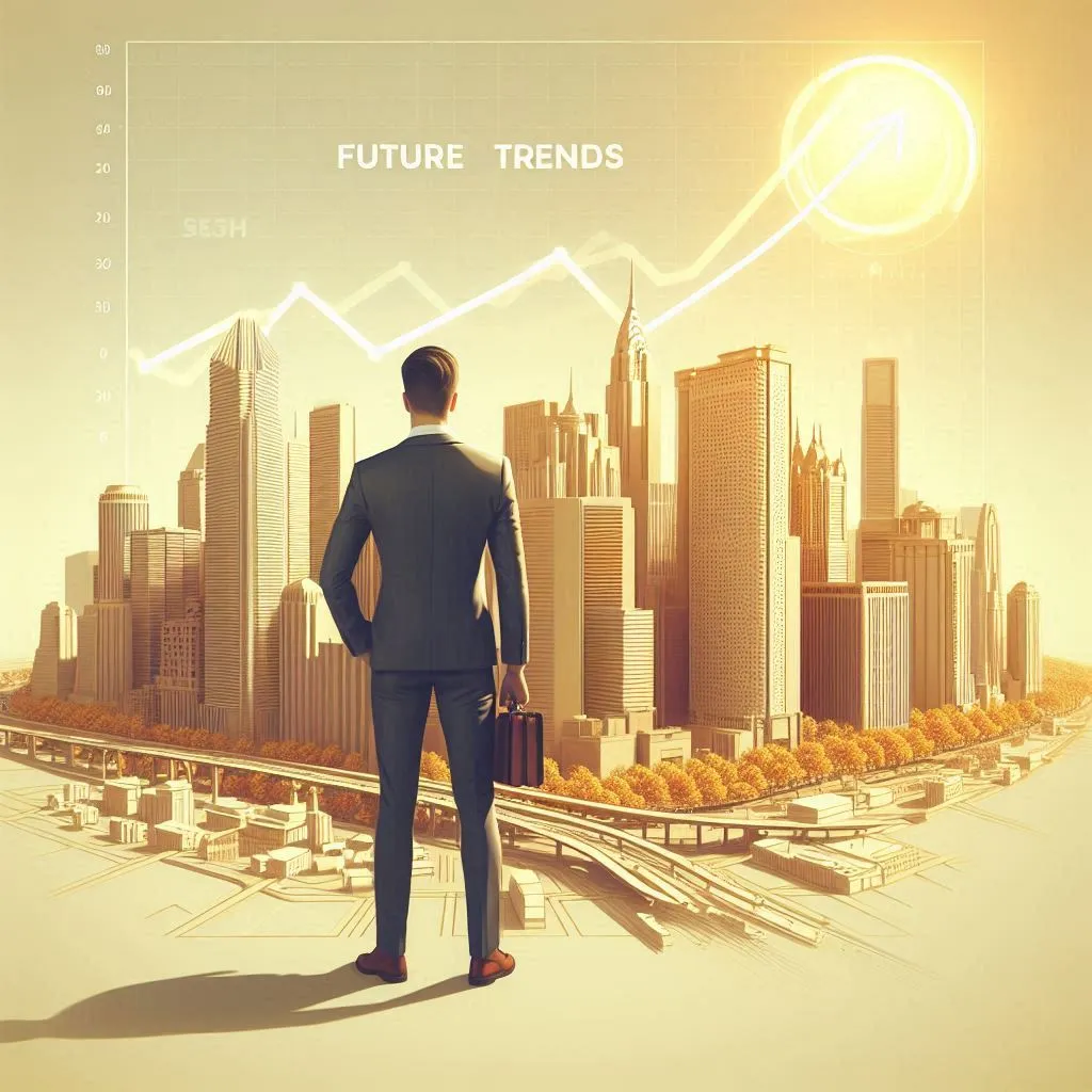 A Real estate professional looking at a futuristic city with a rising trend graph labelled "Future Trends.”