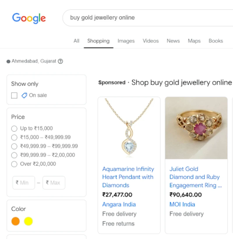 Screenshot of Google search result when you type buy gold jewellery online