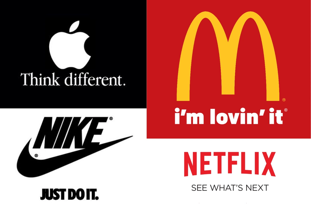 Logos and slogans of Apple, Nike, Netflix and McDonald's.