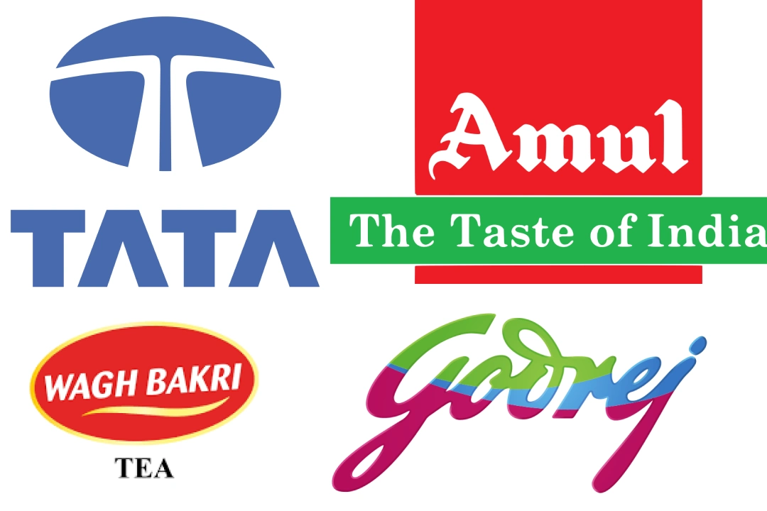 A collage of legacy brands Wagh Bakri, Tata, Amul and Godrej