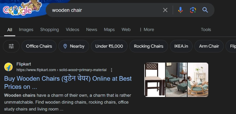 screenshot of ‘wooden chair’ search result and Flipkart ranking first