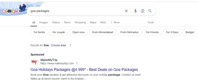 Screenshot of search results ‘goa packages’ on Google with Make My Trip ranking first