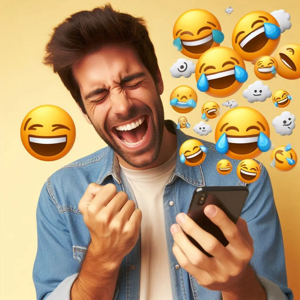 A man holding mobile phone and laughing, while laughing emojis float from the mobile