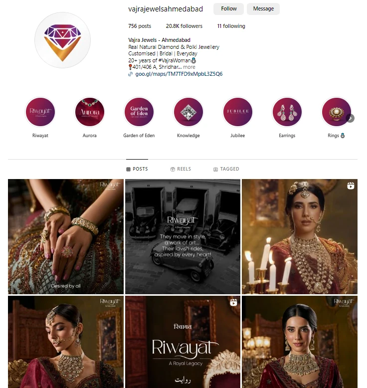 Image showcasing beautiful Instagram feed of Vajra Jewels