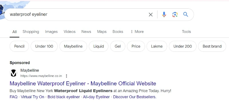 Screenshot of search results of ‘waterproof eyeliner’, where Maybelline ranks at the top