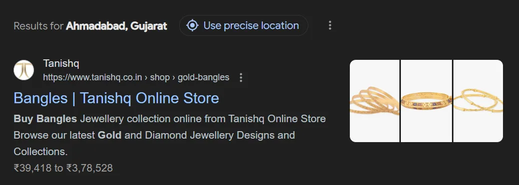 Screenshot of search engine results of ‘buy gold bangles’ where Tanishq is ranking at number one