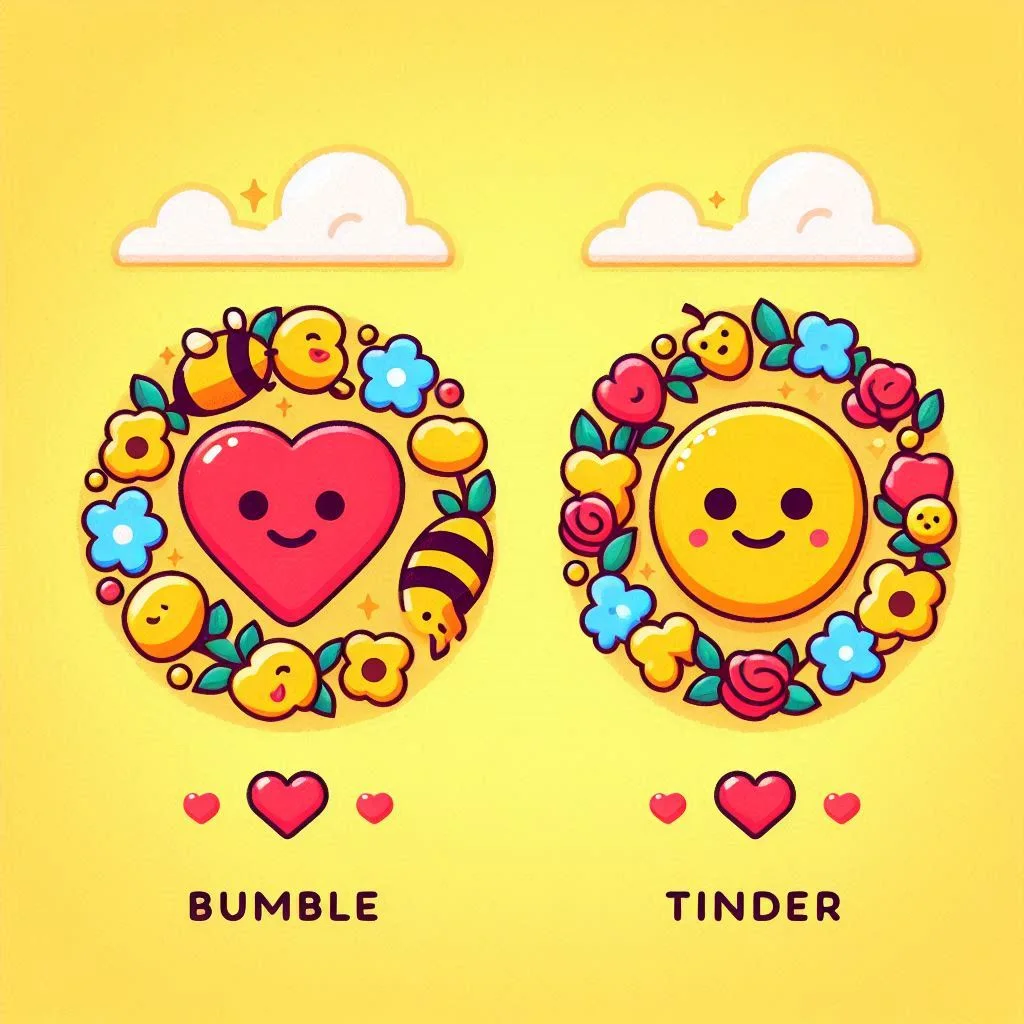 Image that features different emojis with text Bumble and Tinder side by side.