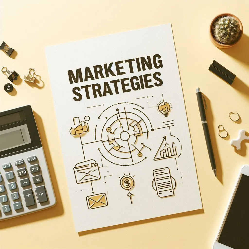 The image shows a document titled "Marketing Strategies" with icons related to business and marketing, including a target, bar graphs, an envelope and a calculator, all placed on a desk.