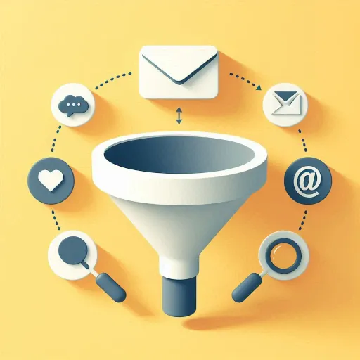 Image depicting a funnel with various communication icons, such as a heart, magnifying glass, email and '@' symbol. 