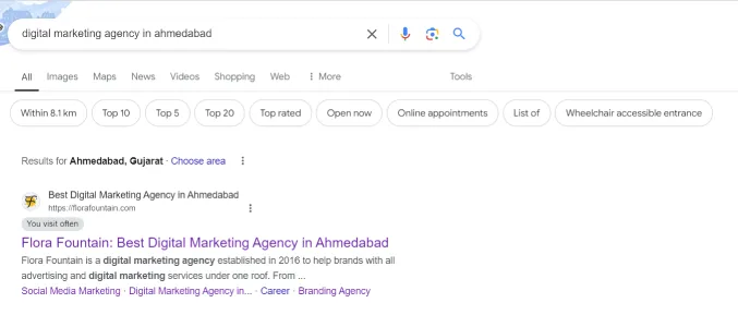 Screenshot of search results of best digital marketing agency in Ahmedabad