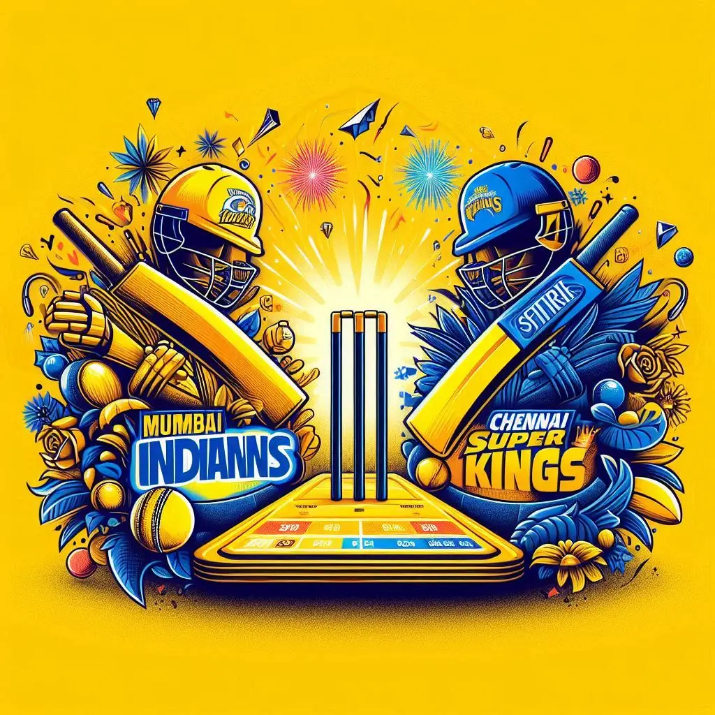 Split image with a blue left half and a yellow right half, featuring a white cricket bat and ball in the centre, representing a marketing scorecard between two cricket teams.