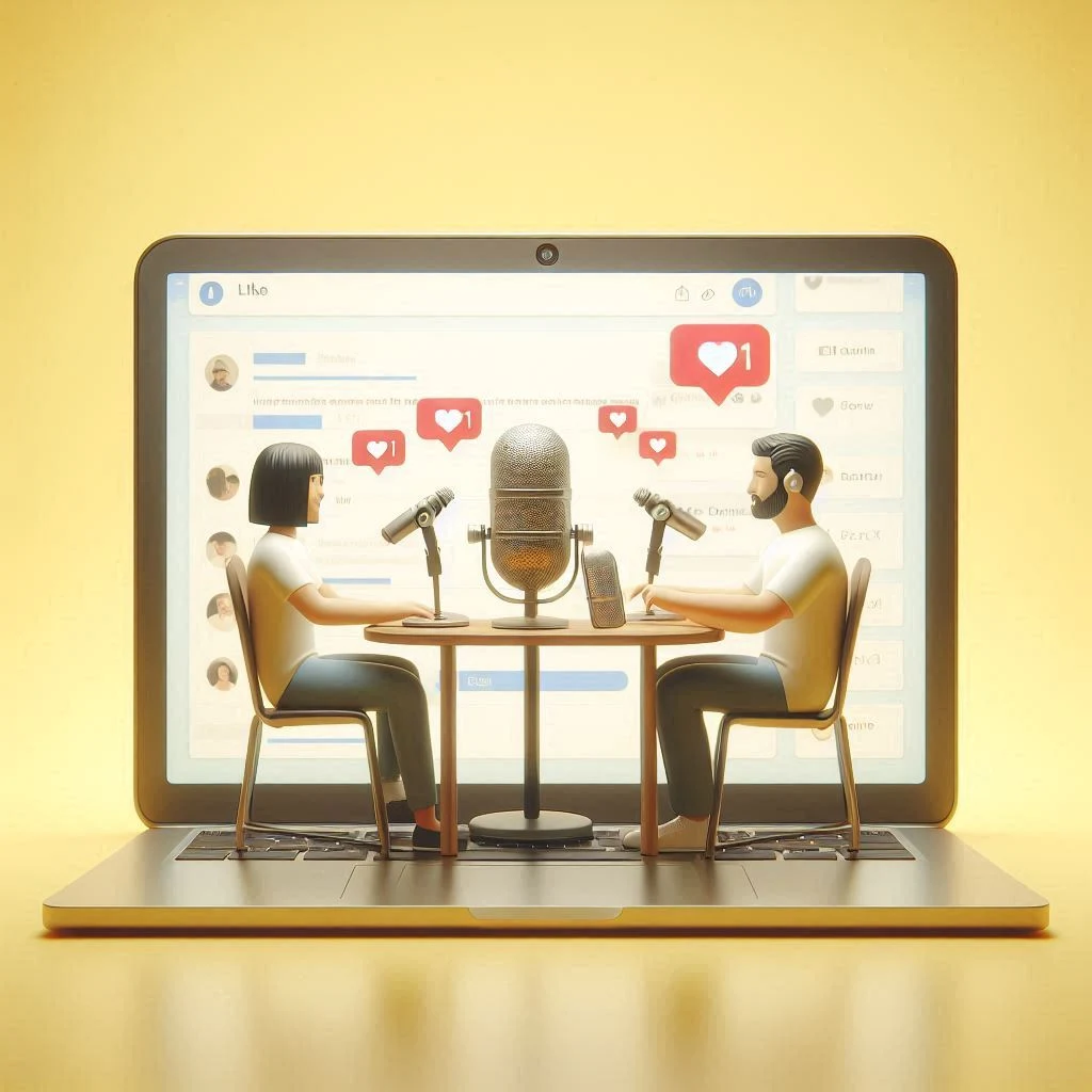 Two people sit facing each other on a laptop screen, with a podcast mic placed between them.