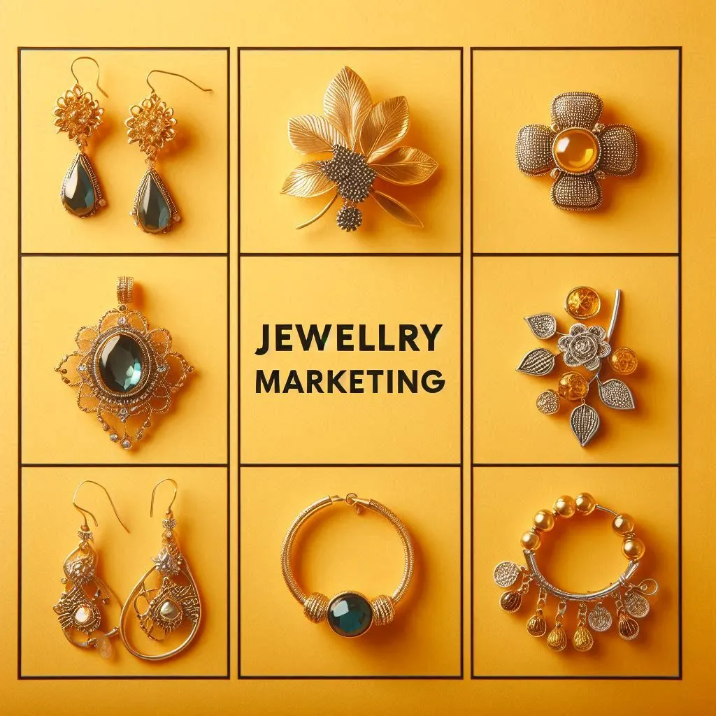 Image of different jewellery with the text “Jewellery Marketing”