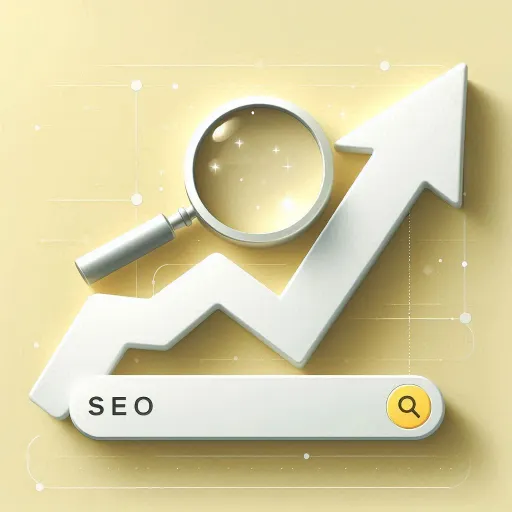 Image of an upward-pointing arrow symbolising growth, with a magnifying glass over the arrow. Below the arrow is a search bar with the word 'SEO' typed in.