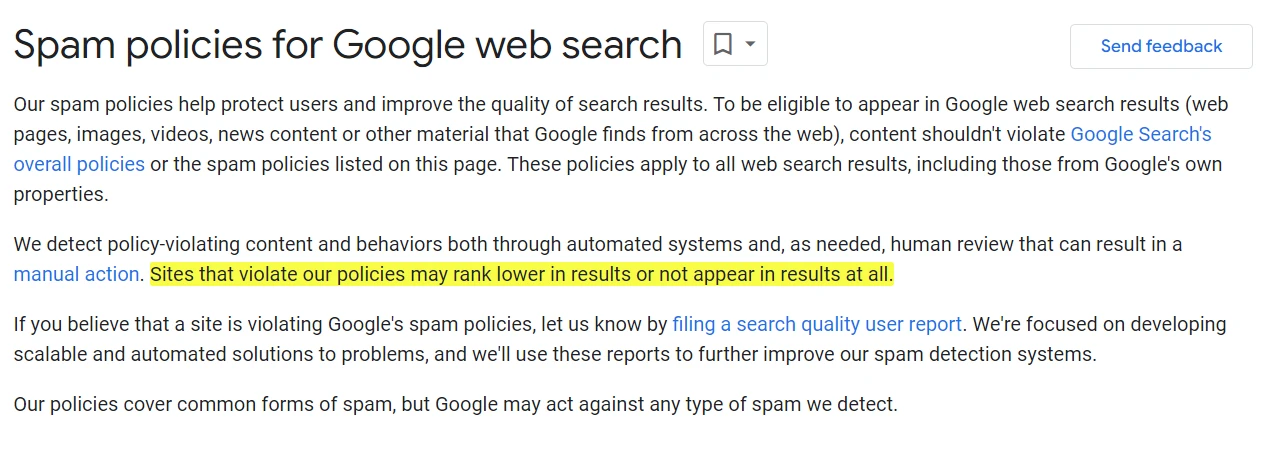 Screenshot of Google’s Spam Policies