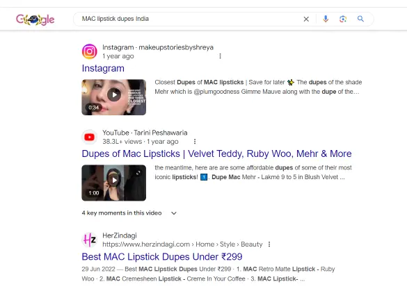 Screenshot of reels visible in Google search results 