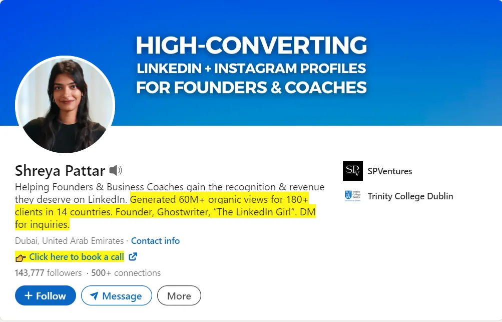 Screenshot of Shreya Patter’s LinkedIn profile.