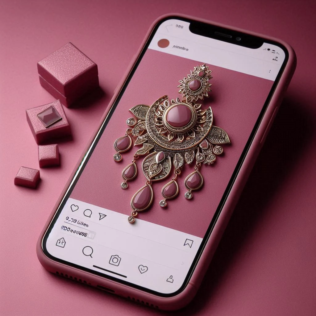 Image of jewellery on a mobile screen which shows a person is checking it out on social media