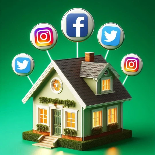  Image of a property around which there are social media icons. The image signifies digital marketing for real estate.