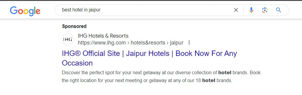 Screenshot of sponsored search result for the best hotel in Jaipur