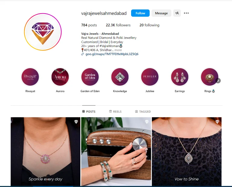 Screenshot of Instagram Profile of Vajra Jewels To Depict Digital Branding