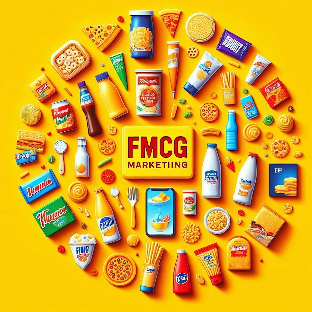 Image of FMCG products with the Text “ FMCG Marketing”