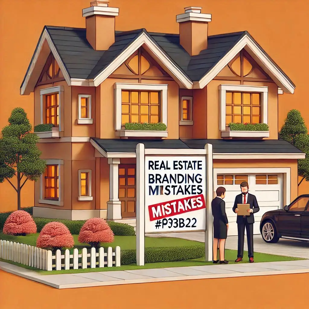 Image of real estate property with a sign that says “Real estate branding mistakes”