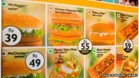 McDonald’s India menu board showing items such as McVeggie, McChicken, Paneer Salsa Wrap, and burgers, with prices ranging from ₹39 to ₹59.