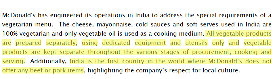 Screenshot of official statement from McDonald’s clarifying vegetarian and non vegetarian items are kept separately. 