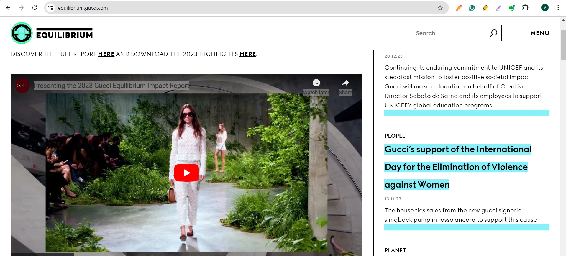 Screenshot of Gucci Equilibrium website