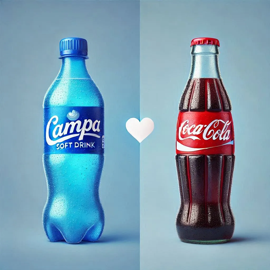 Image one side Campa Cola bottle and other side Coca-Cola bottle