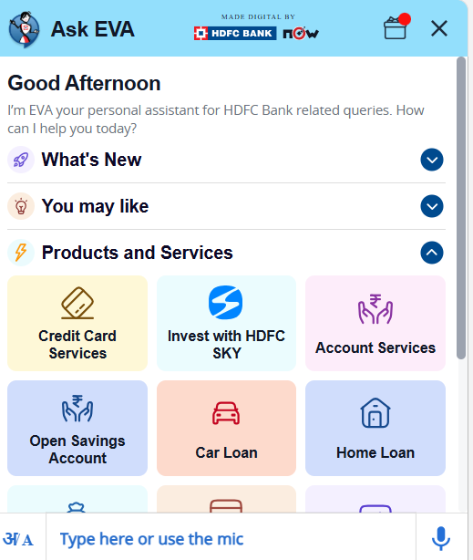 Screenshot of HDFC Bank’s AI chatbot - Eva 