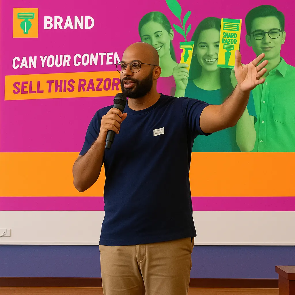 a man is describing her brand on stage