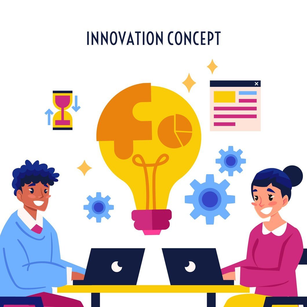 Illuminated lightbulb surrounded by digital innovation symbols and gears