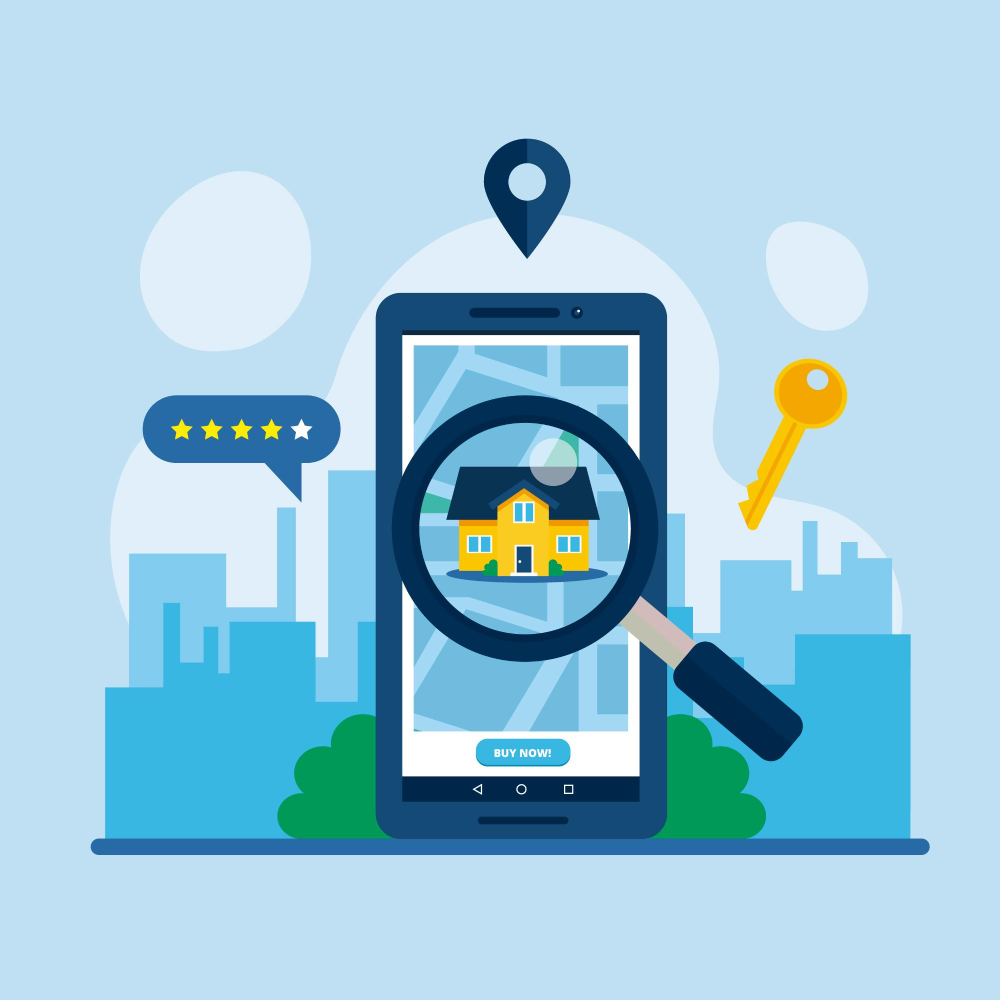 Illustration of searching for real estate listings online, with property icons, maps and search interface elements