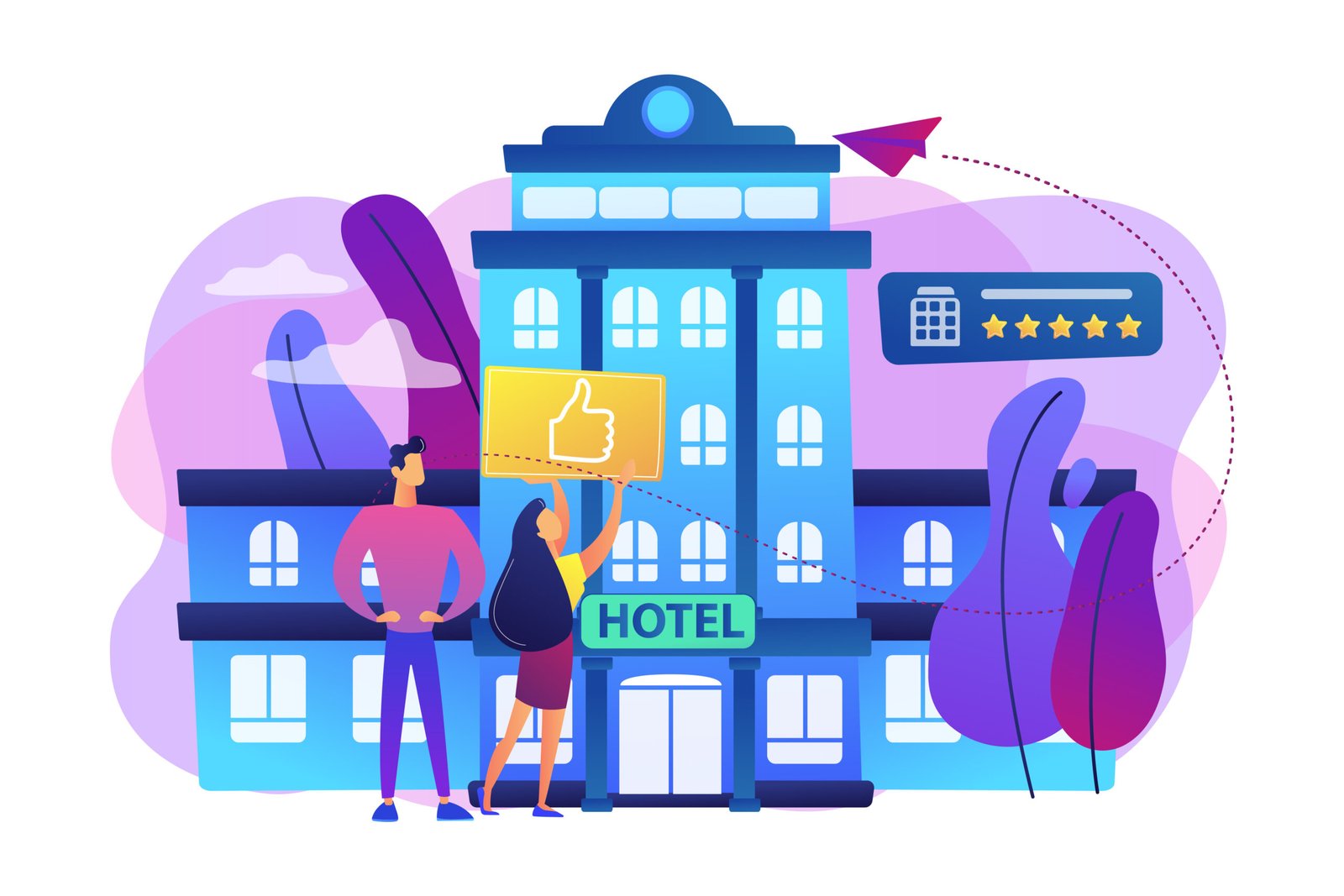 illustration of two people standing, one holding a star rating sign standing in front of a hotel exterior, with one giving a thumbs‑up