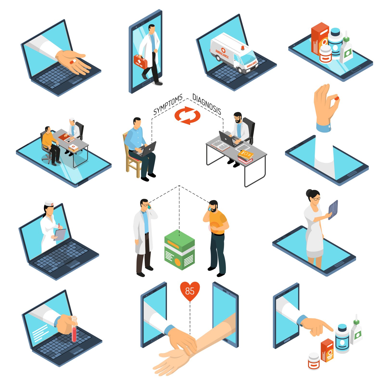 illustration of online medicine services featuring doctors, patients and digital healthcare tools