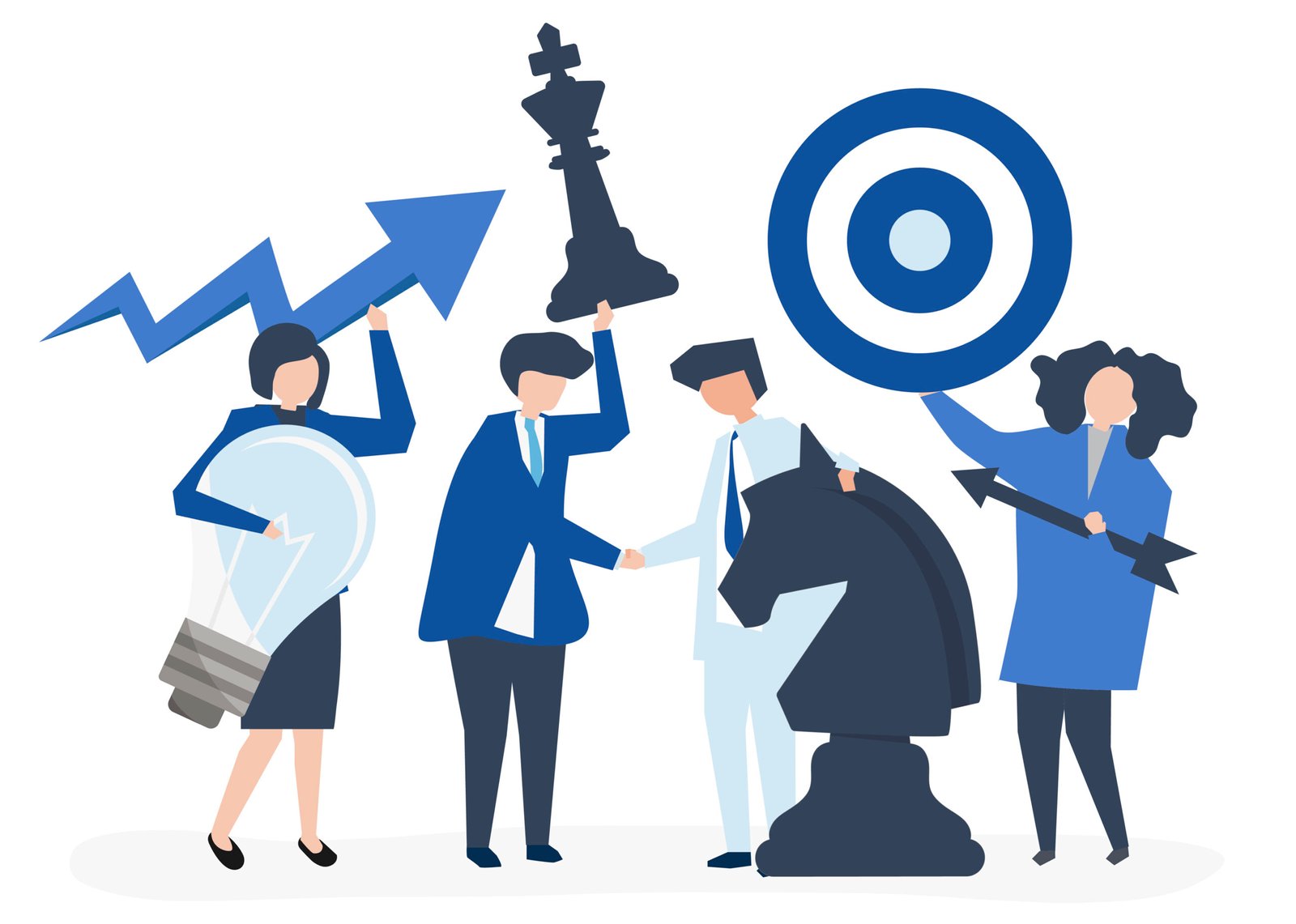 business people standing with strategy icons like a target, chess piece and arrow]