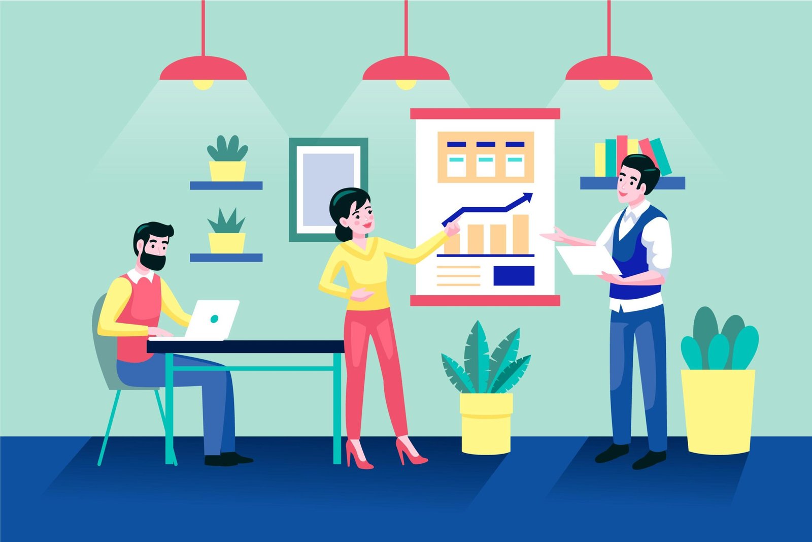 an illustration of coworking space, along with three people discussing something