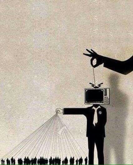 Illustration of a puppet-like figure with a TV head controlling a crowd, while being controlled by a larger hand above.