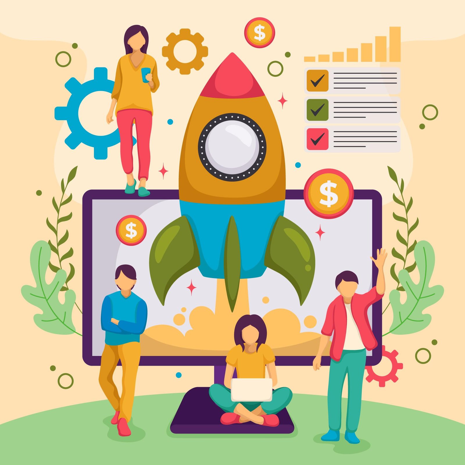 Illustration of startup team launching a new business project, symbolising early-stage planning and audience building